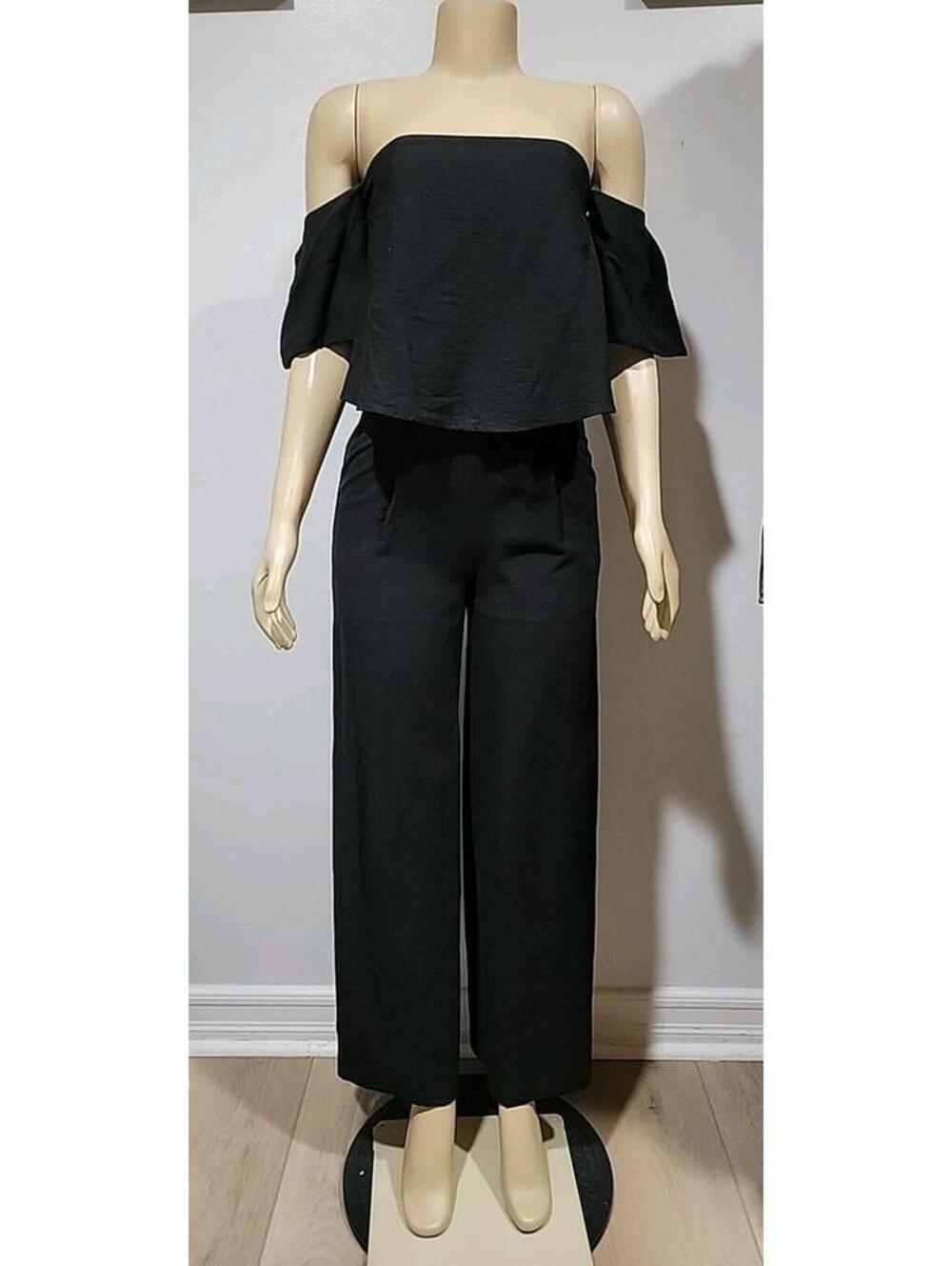 T.Lulah Women Jumpsuit XS Black Off The Shoulders Long Slits Ruffled #Z